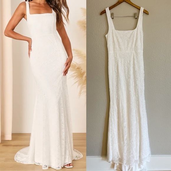 Lulus Dresses & Skirts - NWOT Eternal Happiness White Lace Square Neck Mermaid Maxi Dress